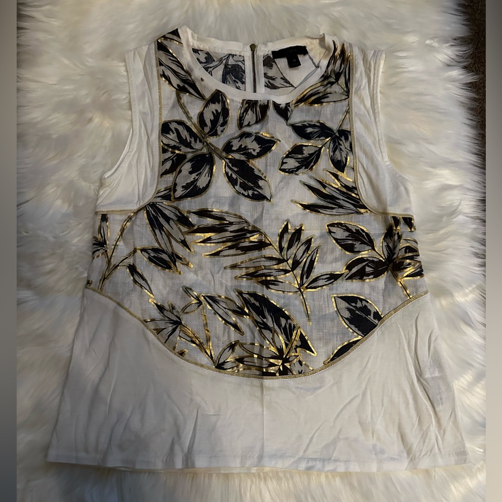 EUC J Crew XS sleeveless linen/cotton top w/ beautiful leaf w/gold accent print